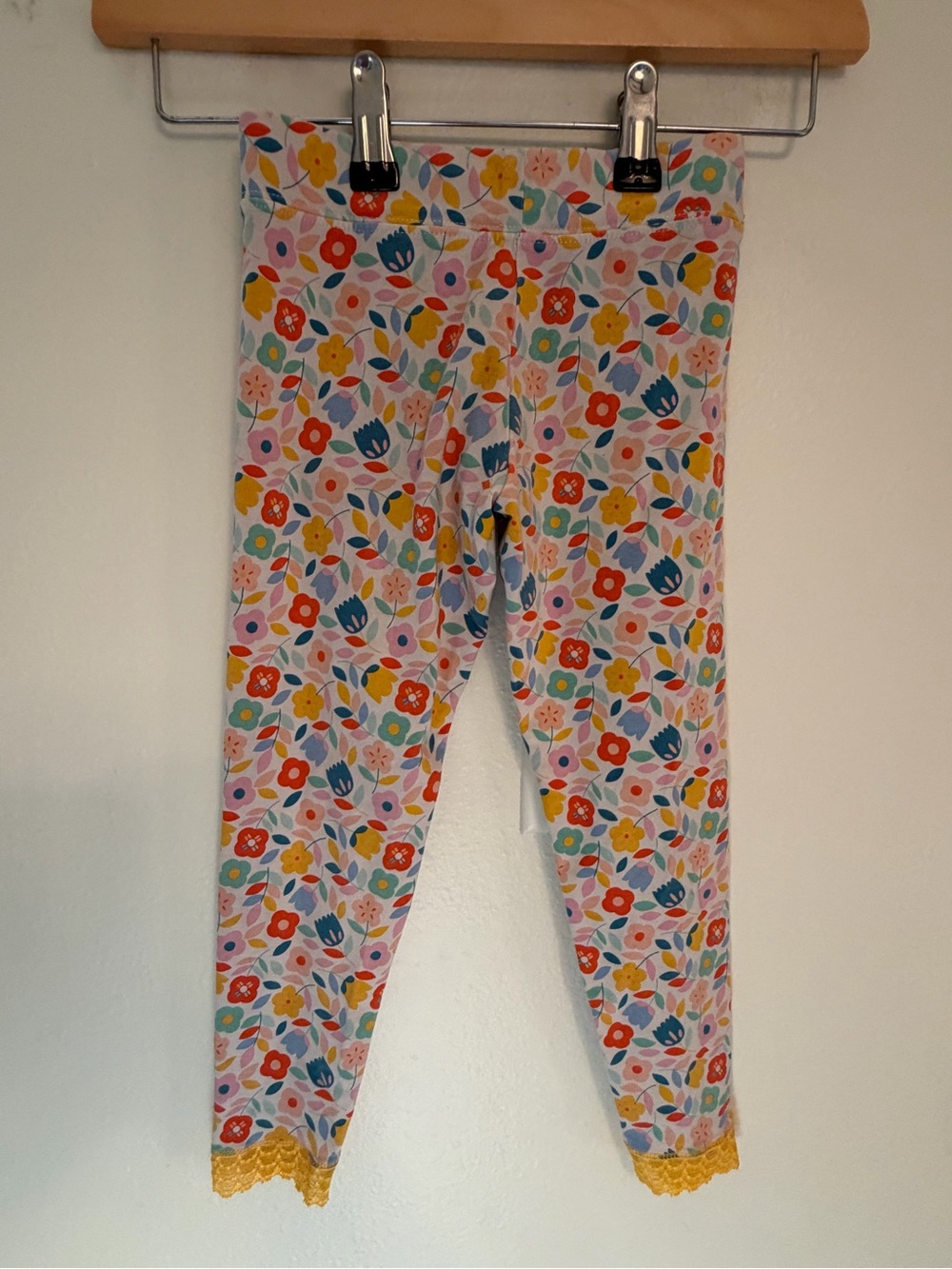 Girls' Floral Print Leggings with Yellow Lace Trim - Picture 3 of 5